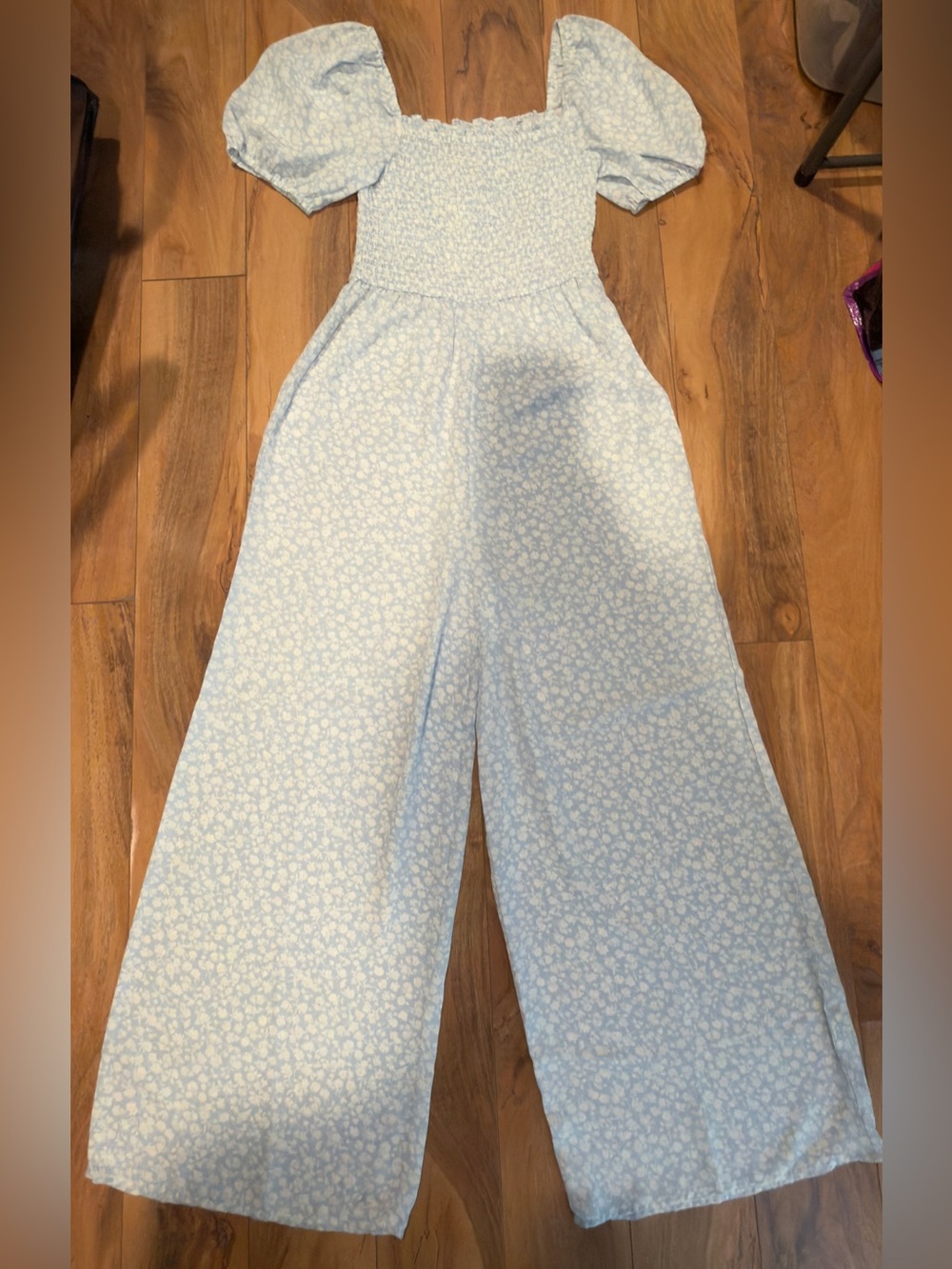 Audrey + Park Francesca’s Smocked Floral Wide Leg Jumpsuit Light Blue White NWT